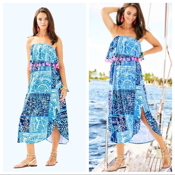 Lilly Pulitzer Meridian Deep Indigo Leied Back Flounce Tassel Midi Dress XXS - Picture 1 of 7